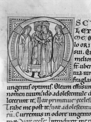 MS. 1, folio ?, Initiale O(sculetur): Sponsus und Sponsa mit zwei weiblichen Begleitfiguren