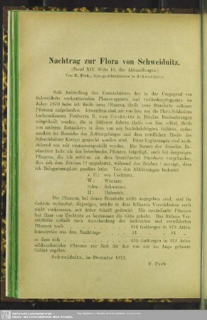 Nachtrag zur Flora von Schweidnitz : (Band XIV, Seite 16. der Abhandlungen)