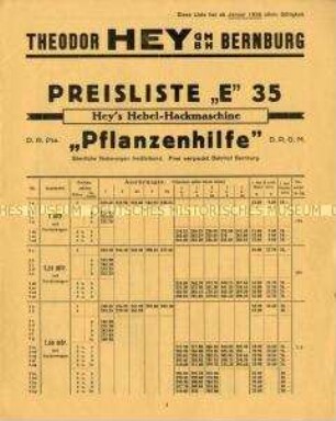 Preisliste Nr. 35 über Hebel-Hackmaschinen