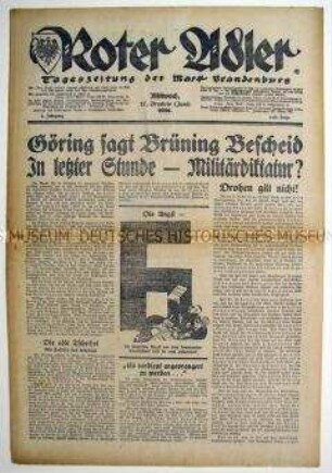 Regionale NSDAP-Tageszeitung "Roter Adler" zur Reichstagsdebatte um die Notverordnungen