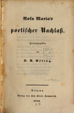 Rosa Maria's [Assing] poetischer Nachlass