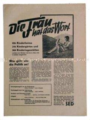 Propagandaschrift der SED Sachsen zu den Gemeindewahlen 1946 mit Ausrichtung auf die Frauen
