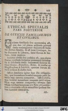 Ethicae Specialis Pars Posterior. De Officiis Hominis Familiaribus Et Civilibus.
