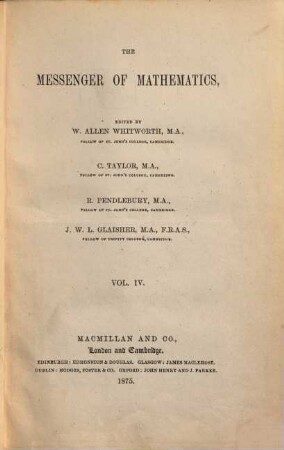 Messenger of mathematics, 4. 1875
