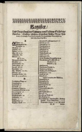 Register/ Und Verzeichnuß der Nahmen/ von Städten [...] so in dieser Topographia beyder Hertzogthümber Braunschweig und Lüneburg begriffen.