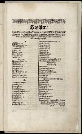 Register/ Und Verzeichnuß der Nahmen/ von Städten [...] so in dieser Topographia beyder Hertzogthümber Braunschweig und Lüneburg begriffen.