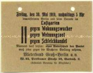 Ankündigung einer Demonstration des Mieterbundes Groß-Berlin am 30. Mai 1919