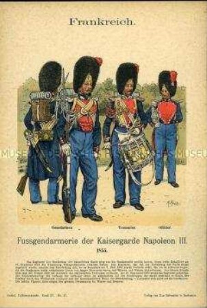 Uniformdarstellung, Gemeine, Tambour und Offizier Gendarmerie zu Fuß der Kaisergarde, Zweites Kaiserreich Frankreich, 1855.
