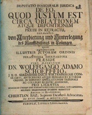 Diss. inaug. iur. de eo quod iustum est circa oblationem atque depositionem pretii in retractu