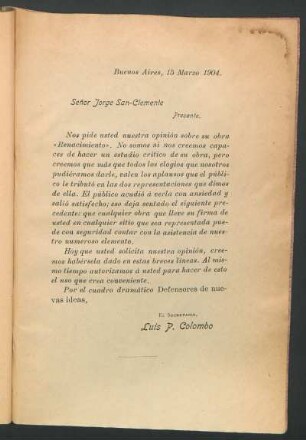 [Carta de Luis P. Colombo al] Señor Jorge San-Clemente
