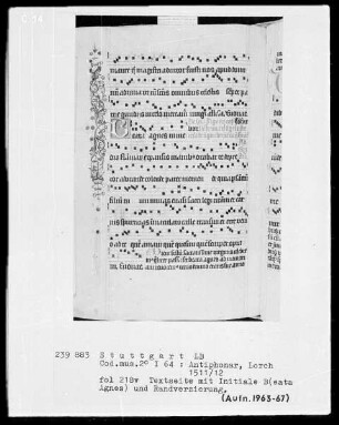 Antiphonarium (Benediktinerhandschrift) — Initiale B(eata Agnes), Folio 218verso