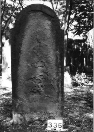 Grabstein 335 (Index: 99629832) Material: Sandstein Zustand: völlig abgeblättert Maße HxBxT: 141x60x9 cm Beschreibung: Stele mit eingezogenem Rundbogenabschluß: Grabstein 335