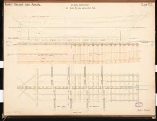 Hafen für Arkona Schinkelwettbewerb 1868: Horizontalschlepplift mit Dock: Grundriss, Längsschnitt 1:60; Maßstabsleiste