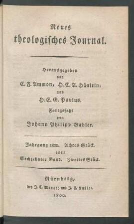 Jahrgang 1800. Achtes Stück. oder Sechzehnter Band. Zweites Stück