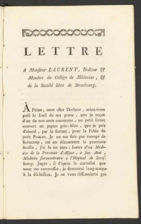Lettre A Monsieur Laurent, Docteur & Membre du Collége de Médecine, & de la Société libre de Strasbourg