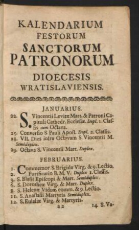Kalendarium Festorum Sanctorum Patronorum Dioecesis Wratislaviensis.