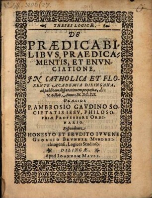 Theses Logicae De Praedicabilibus, Praedicamentis, Et Enunciatione