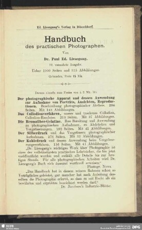 Handbuch des practischen Photographen. Ed. Liesegang´s Verlag in Düsseldorf.