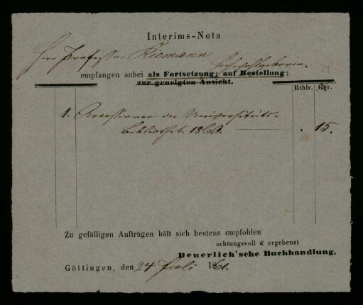 Interims-Nota [...] [Bücherbezahlung]