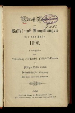 Jg. 63.1896: Adreß-Buch von Cassel und Umgebungen : für das Jahr 1896