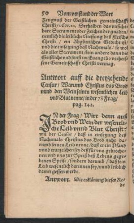 Antwort auff die dreyzehende Censur/ Warumb Christus das Brod unnd den Wein seinen wesentlichen Leib und Blut nenne ...