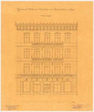 Zwei Wohnhäuser (Töpferstraße und Breslauer Straße) mit Schanklokal und Laden, Neiße: Aufriss Vorderansicht bis 3. Obergeschoss, Maßstabsleiste (Fuß rhld.)