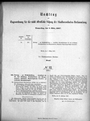 Anlage: Nachtrag zur Tagesordnung für die nicht öffentliche Sitzung, 28. Februar 1887