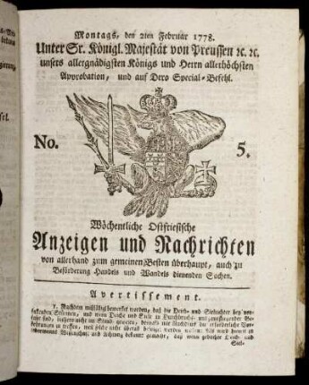No. 5. Montags, den 2ten Februar 1778.
