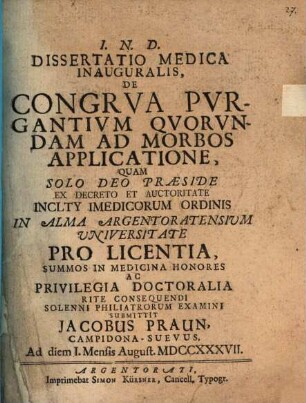 Diss. med. inaug. de congrua purgantium quorundam ad morbos applicatione
