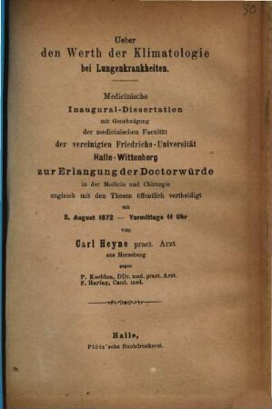 Ueber den Werth der Klimatologie bei Lungenkrankheiten : Diss. inaug.