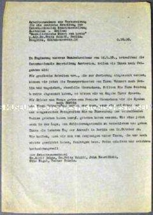 Durchschlag eines Rundschreibens des Arbeitsausschusses zur Vorbereitung für die deutsche Abteilung der Internationalen Kunstausstellung Amsterdam - Holland "Sozialistische Kunst von heute" - Sachkonvolut