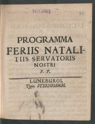 Programma Feriis Natalitiis Servatoris Nostri P.P. : [P.P. Luneburgi d. XXV. Decembr. Anno MDCLXXV.]