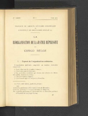 La Réorganisation De La Justice Répressive Au Congo Belge.