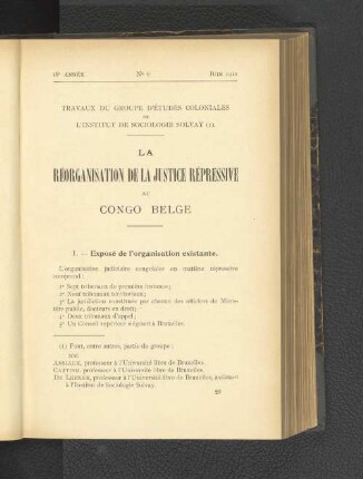 La Réorganisation De La Justice Répressive Au Congo Belge.