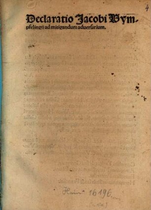 Declaratio Jacobi Wympfelingij ad mitigandum aduersarium