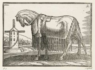 Pferd mit Fransendecke, aus: Melchior Lorch, "Des Weitberühmten Kunstreichen und Wolerfahrnen herrn Melchior Lorichs, Flensburgensis Wolgerissene und geschnittene Figuren zu Ross und Fuss sampt schönen Türkischen Gebäuden und allerhand was in der Türkey ze sehen", Hamburg 1626