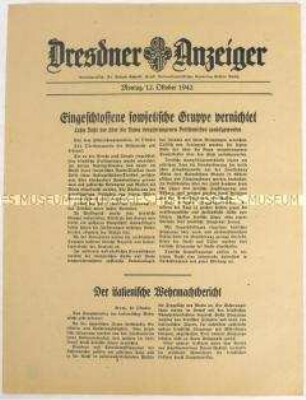 Nachrichtenblatt "Dresdner Anzeiger" mit Meldungen des Oberkommandos der Wehrmacht und des italienischen Oberkommandos u.a. zum Kriegsgeschehen an der Ostfront und auf Malta