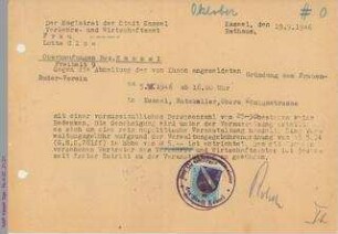 Genehmigung der Stadt Kassel zur Abhaltung einer Versammlung zur Gründung des Casseler Frauen-Ruder-Vereins