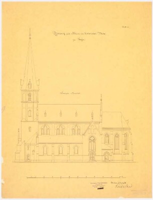 Katholische Kirche, Glesen: Aufriss Südseite, Maßstabsleiste, Maßangaben