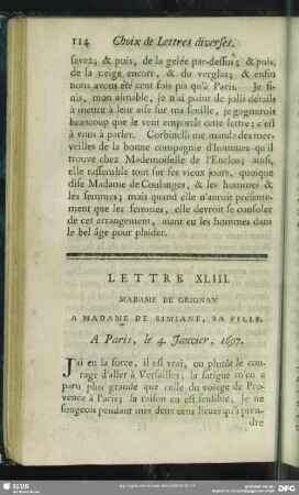 Lettre XLIII. Madame De Grignan A Madame De Simiane, Sa Fille. A Grignan, le 4. Janvier, 1697