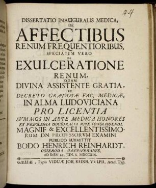 Dissertatio Inauguralis Medica, De Affectibus Renum Frequentioribus, Speciatim Vero De Exulceratione Renum