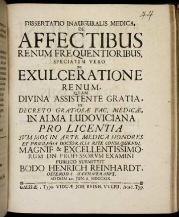 Dissertatio Inauguralis Medica, De Affectibus Renum Frequentioribus, Speciatim Vero De Exulceratione Renum