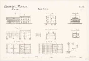 Schlachthof und Viehmarkt, Breslau Freibankhaus: Grundriss Kellergeschoss Erdgeschoss Dachgeschoss Querschnitte Längsschnitt Giebel- und Längenansicht 1:100 Detail des Hakengerüstes 1:25