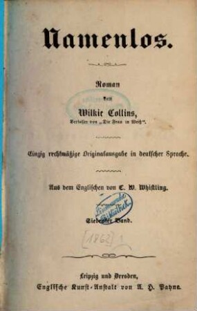 Namenlos : Roman von Wilkie Collins. Einzig rechtmässige Originalausgabe in deutscher Sprache. Aus dem Englischen von C. W. Whistling, 7