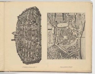 Die Altstadt von Dresden von Süden im Jahr 1521 nach einem Holzmodell (a) und Stadtplan von 1529 aus der Weckschen Chronik (b), aus dem Atlas zur Geschichte Dresdens von 1898