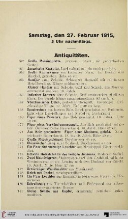 Samstag, den 27. Februar 1915, 3 Uhr nachmittags: Antiquitäten (Nr. 162-294)