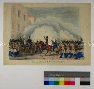 Zu den Ereignissen in der Pfingstwoche 1848 in Prag: Blatt III, Kampf in der Kolowratstraße beim Museum am Pfingstmontag 1848 in Prag