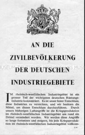 Abwurf-Flugblatt der Alliierten mit der Warnung an die Zivilbevölkerung vor Luftangriffen auf Industriegebiete