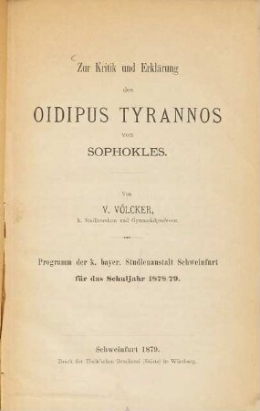 Zur Kritik und Erklärung des Oidipus Tyrannos von Sophokles