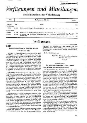 Lehrerweiterbildung im Schuljahr 1961/62 : 32/61 Vom 20. Juni 1961 ; [Verfügungen]